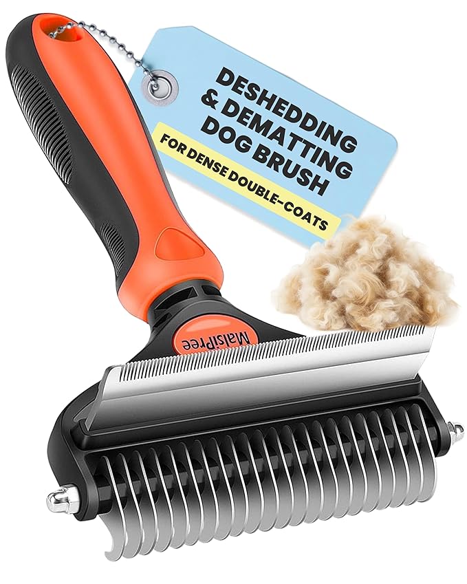 MalsiPree Dog Brush - Large, Orange - 2-in-1 Deshedding Tool & Undercoat Rake, Dog Undercoat Brush - Gentle Dematting Comb & Pet Hair Removal Tool - Smooth-Edge Design & Grooming Comb