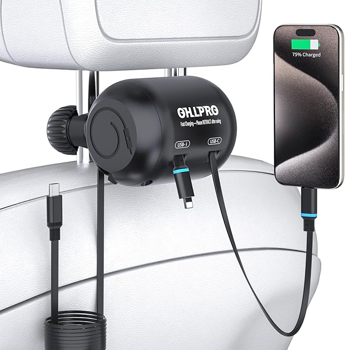 OHLPRO 2 in 1 Backseat Car Charging Station Box, 45W Fast Charge Multi Retractable Car Charger for Uber Chargers for Passengers, for iPhone/Samsung and Tablets - Headrest Bars Car