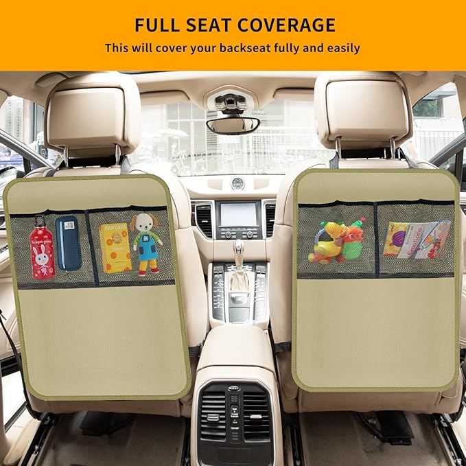 2 Pack Kick Mat Backseat Protector,Back Seat Cover for Kids,Car Seat Back Protectors with 2 Pocket Storage Organizer for Car, SUV, Minivan or Truck Seats (Beige)