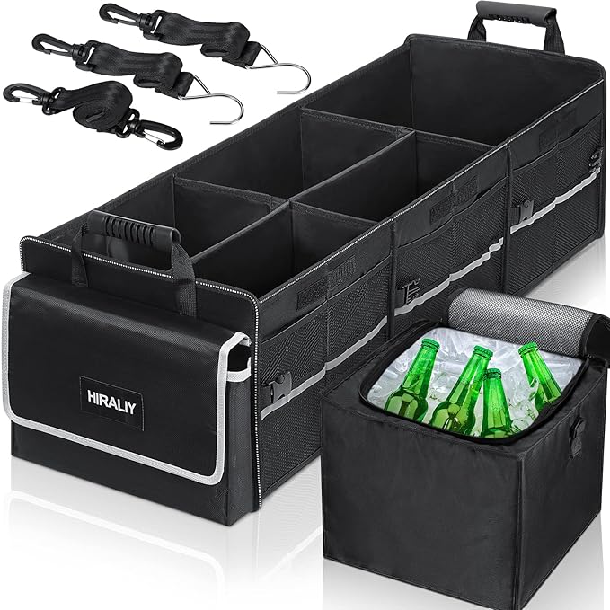 HIRALIY 4 in 1 Car Trunk Storage Organizer with Leakproof Cooler Bag, Multi-Compartment Foldable Trunk Storage Box for Car Truck SUV Black