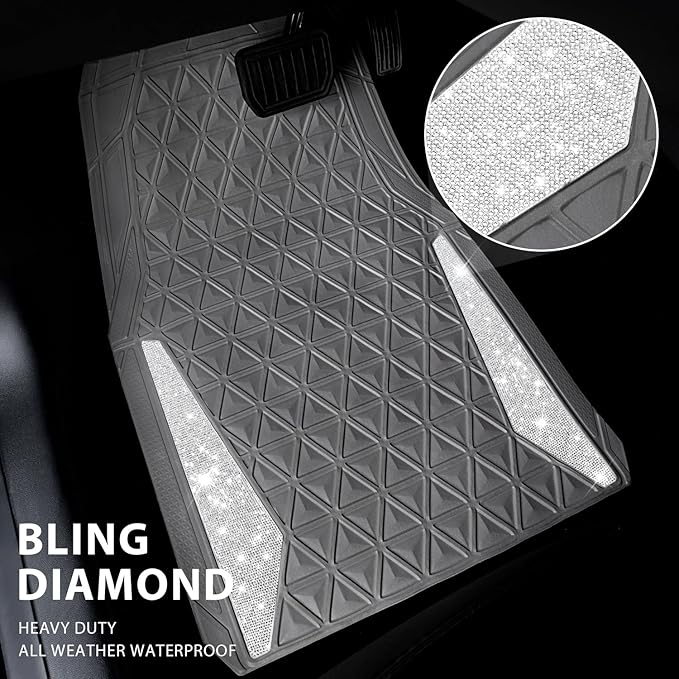 CAR PASS Bling Diamond Car Mats Gray Rubber Floor Mats Full Set Anti-Slip 3D Rhombus Waterproof Trim to Fit Liner Universal Glitter Crystal Sparkly Shining Rhinestone Girl Women SUV Sedan Van All Gray