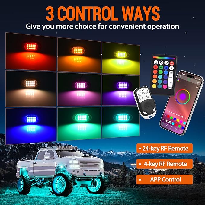 RGB LED Rock Lights 8 Pods - Multicolor Underglow Neon Light Kits, Underbody Lamp Waterproof with APP/Remote Control & Music Mode for Pickup Car Off Road SUV ATV Vehicle