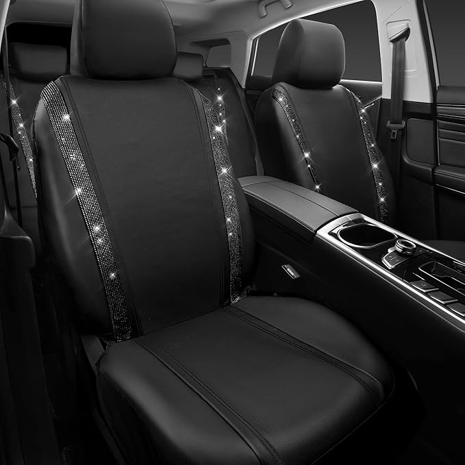 CAR PASS Leather Bling Diamond Car Seat Covers Full Set, Shining Rhinestone Waterproof Durable Rear with Zipper, Universal Fit Automotive Glitter Crystal Sparkle Strip for Cute Women Girly Black