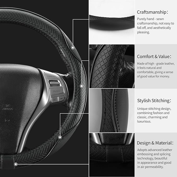 Leather Car Steering Wheel Cover,Anti-Slip, Safety, Soft, Breathable, Heavy Duty, Thick, Full Surround, Sports Style,Universal Car Accessories for Women Men Fit 14" 1/2-15"(Black)