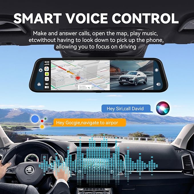4K Mirror Dash Cam with Carplay&Android Auto,10" Rear View Mirror Camera for Cars/Trucks with Voice Control/Real 64GB Card/Touch Screen/Parking Monitor/Reverse Assist/Dual Loop Record/WDR Tech