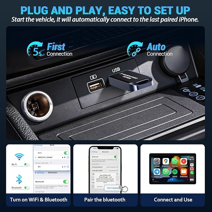 Wireless CarPlay Adapter for iPhone, 2026 Upgraded Mini Design & Plug and Play & 5s Auto Stable Connection Converts Wired Connections to Wireless Compatible for iPhone 6+ (iOS 10+) & 2016+ Car