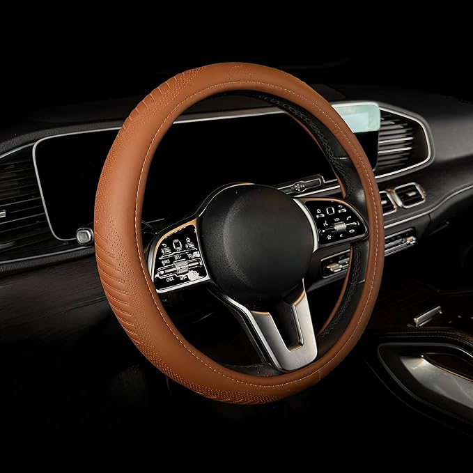 Lord Autofashion Steering Wheel Cover – PU Leather, Non-Slip Rubber Inner, All-Season Comfort – 14.5–15 Inch (Tan 9356)