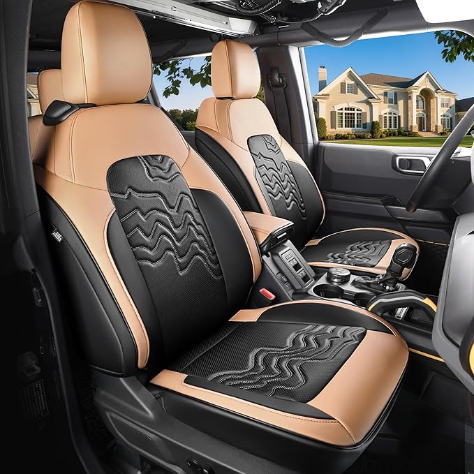 Red Rain Bronco Leather Seat Cover Customized Fit for Ford Bronco 2 Door 2025 to 2021 Black and Orange Auto Seat Cushion Protector (Bronco 2Door-Black+Orange)