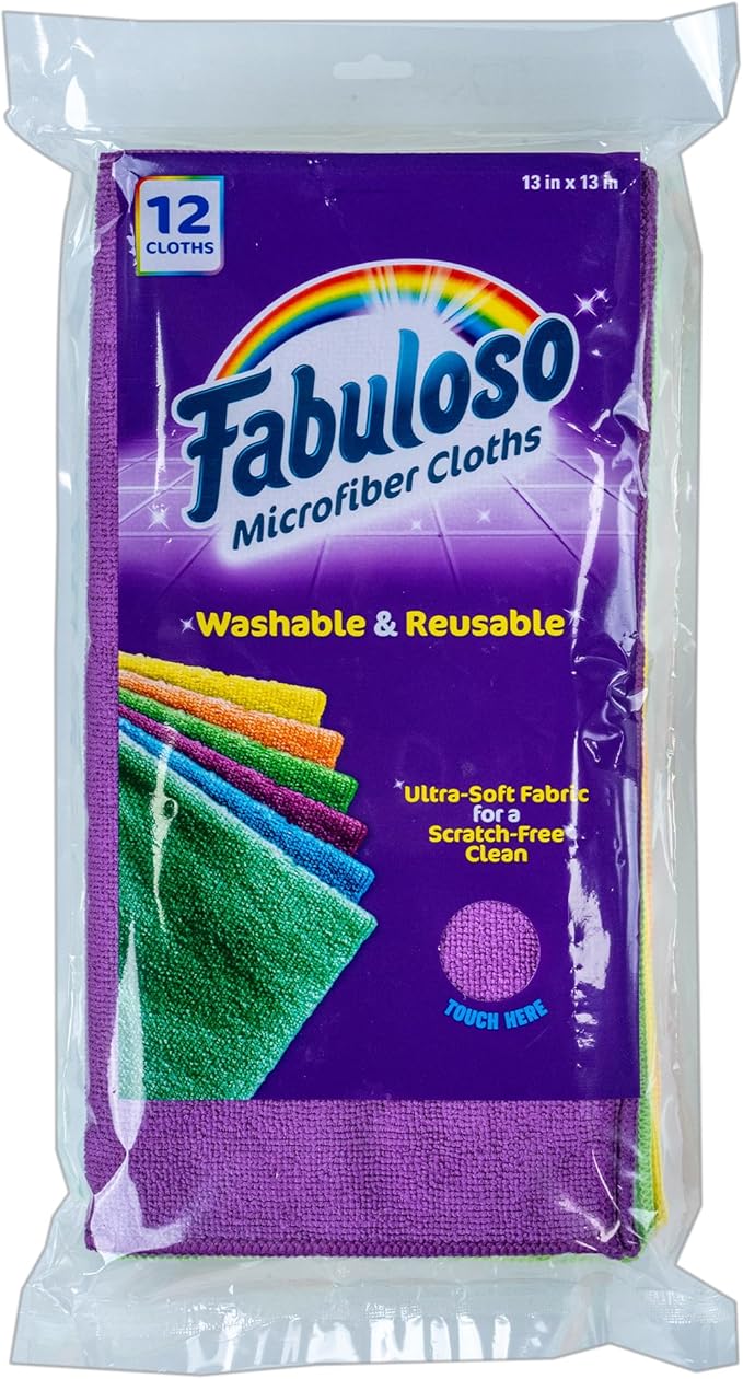 Fabuloso Microfiber Cleaning Cloths for Home & Car, Lint-Free Scratch-Free Rags for Glass, Kitchen & Wood, Reusable Machine Washable, Absorbent for Dusting & Wiping, Rainbow, 13 x 13 in, 12 Count