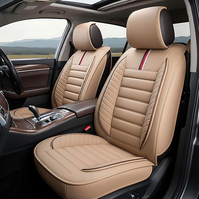 OASIS AUTO Car Seat Covers Front Seats Premium Waterproof Faux Leather Cushion Universal Accessories Fit SUV Truck Sedan Automotive Vehicle Auto Interior Protector (OS-001 Tan)