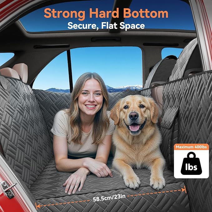 Dog Car Seat Cover for Back Seat- Heavy Duty Waterproof-Hard Bottom Backseat Extender Fits Sedan SUV & Small Truck, Full Coverage for Doors, Rear Seats & Front Headrests