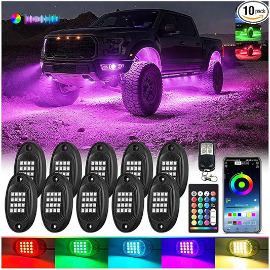 10Pods RGB LED Rock Lights Kit with APP/RF Remote Control, Segmented LED Underglow Lights Multi Zone Neon Exterior Light Multicolor 12v Waterproof for Truck Jeep UTV ATV Golf Cart Offroad SXS