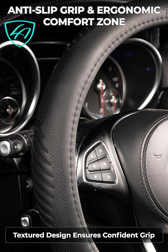 Lord Autofashion Steering Wheel Cover – PU Leather, Non-Slip Rubber Inner, All-Season Comfort – 14.5–15 Inch (Black 9356)