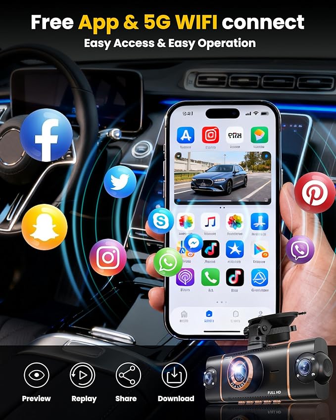 4 Channel 360° Dash Cam Front Rear Inside & Left Right,4K+1080P*3 FHD Car Camera,5GHz WiFi & App Control,8 IR Lamps Night Vision,24H Parking Mode,G-Sensor,Loop Recording,Includes 64GB SD Card（Black）