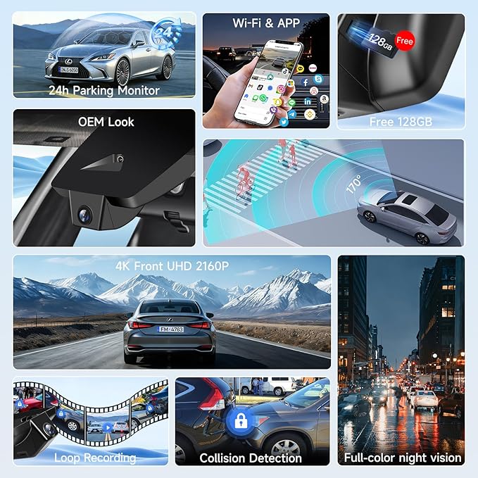 Leadfan 4K Dash Cam for Lexus ES 2019-2026, ES350 ES300h F Sport ES250 etc., Integrated OEM Look, Free 128GB SD Card, Dash Cam with WiFi & APP, Loop Recording, G-Sensor, Plug & Play Dashcam