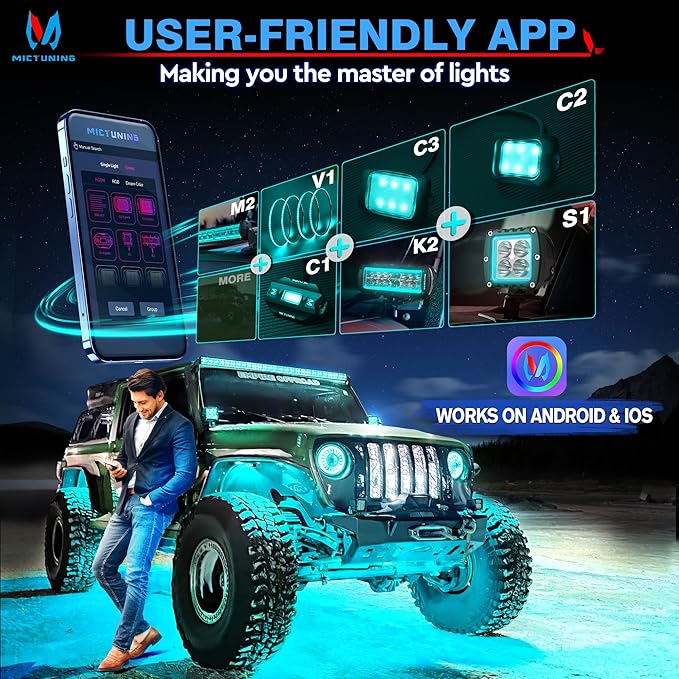 MICTUNING C2 Curved RGBW LED Rock Lights - 12 Pods Underglow Multicolor Neon Light with Wiring Switch Kit, Bluetooth Controller with APP Control