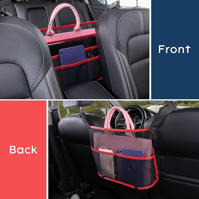 eing Car Seat Organizer Seat Back Storage Bag, Car Net Pocket Handbag Holder, Barrier of Backseat Dog Pet Kids for Car, Automotive Consoles Purse Holder, Black+Red Line