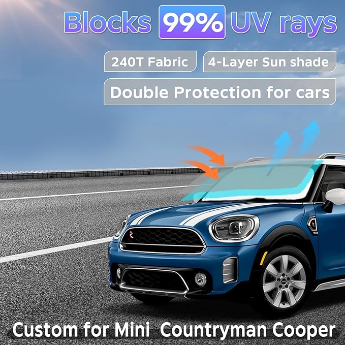 Sun Shade Sunshade for 2017-2024 2025 2026 Mini Countryman Cooper F60 SUV Windshield Cover, 4-Layers Sun Shield 250T Silver Coating Sun Visor Foldable Window Shade Blocks UV Rays Car Accessories