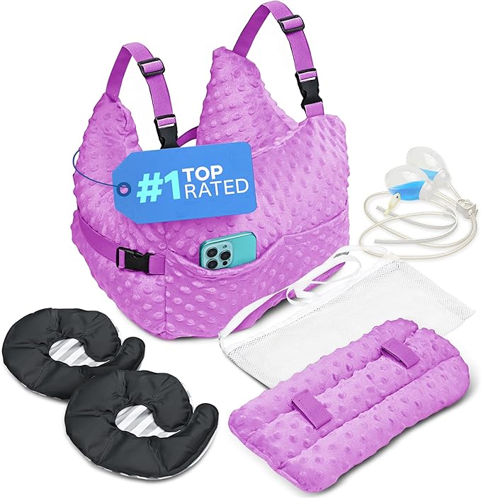 Zomaple Mastectomy Recovery Pillow with Strap, Swirly Gel Pack, Seat Belt Cover & Shower Lan – Post Mastectomy Must Haves, Breast Augmentation/Reduction & Mastectomy Recovery Supplies – Washable Cover