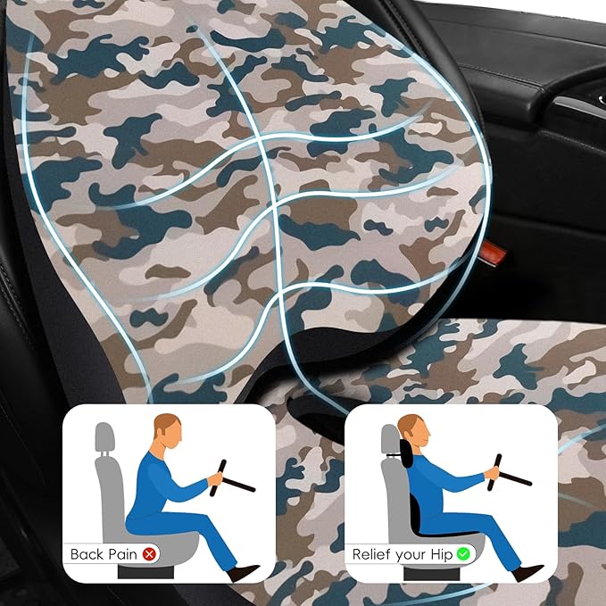 NS YOLO Ergonomic Car Seat Cushion with Comfort Memory Foam Neck Pillow, Car Pillow,Lumbar Support and Big Size Soft Seat Cushion for Driving Seat,Office Chair and Wheel Chair (CAMO-3 pcs)