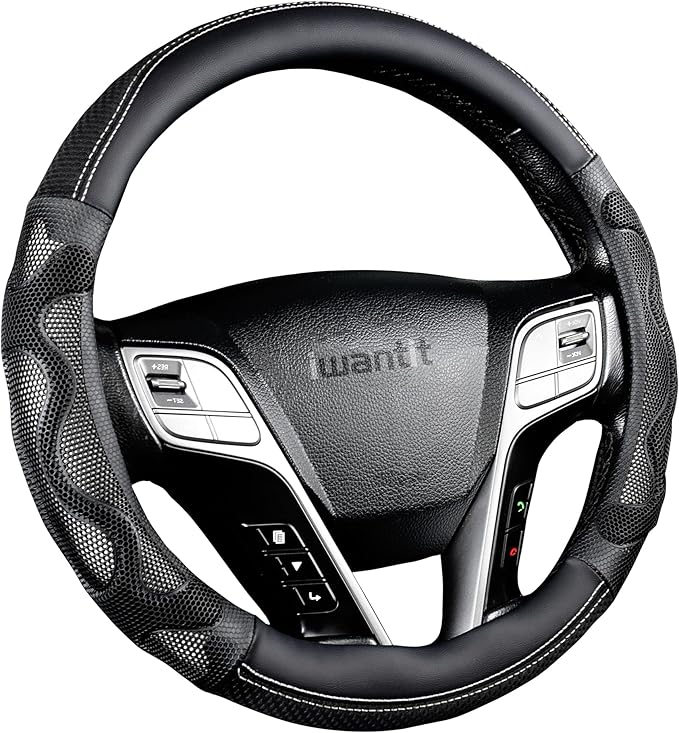 Iwantit® Steering Wheel Cover with 3D Honeycomb Anti-Slip Design and Breathable Fabrics, Universal 14.5-15 Inch (White/Black)