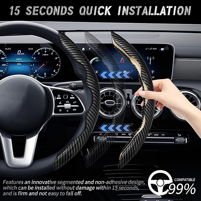 WOCOCN 2pcs Car Steering Wheel Cover,Anti-Skid Carbon Fiber Steering Wheel Protector for Men Women,Multiple Color Options,Universal for Most Car Interiors Accessories (Bright Black)