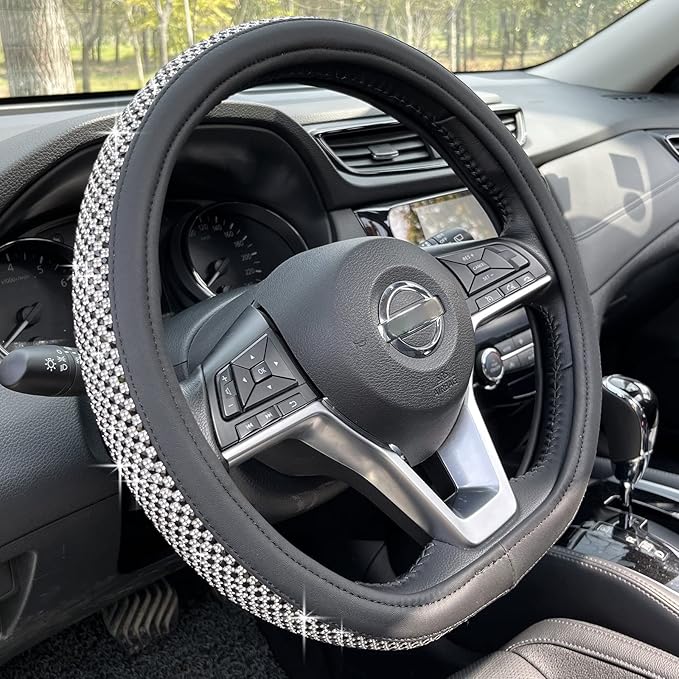 PINCTROT D Shaped Bling Comfy Steering Wheel Cover with Jumbo Crystal Rhinestones, Anti-Slip Diamond Leather, Flat Bottom 14.5-15 Inch (Black)