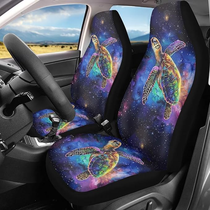 BIGCARJOB Galaxy Night Car Seat Covers Set for Front Only Sea Turtle Print Car Interior Accessories Cute Seat Protector for Cars Saddle Blanket,Fit Most Vehicle,Cars,Sedan