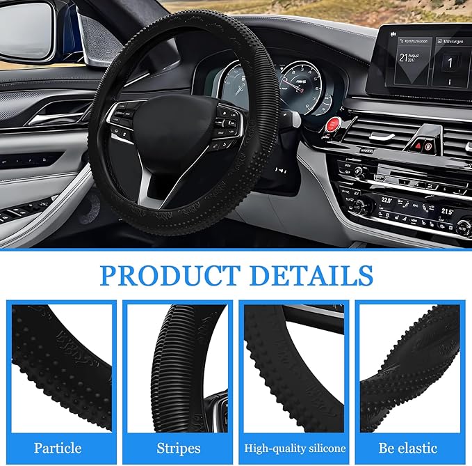 Wuyaoyao Car Steering Wheel Cover, Anti-Slip Silicone Steering Wheel Cover Protector, Non-Slip Massage Grip Auto Wheel Cover Fits 14-15 Inch, Universal Interior Car Accessories (Black)