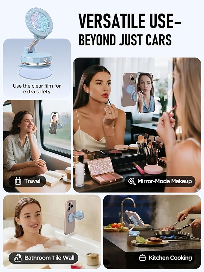 Upgraded Vacuum Magnetic Car Phone Holder for MagSafe[108+LBS Strongest Suction & 3000gf Strongest Magnetic],360° Adjustable Suction Cup Phone Mount for Car,Gym,Mirror,Men Women-Blue