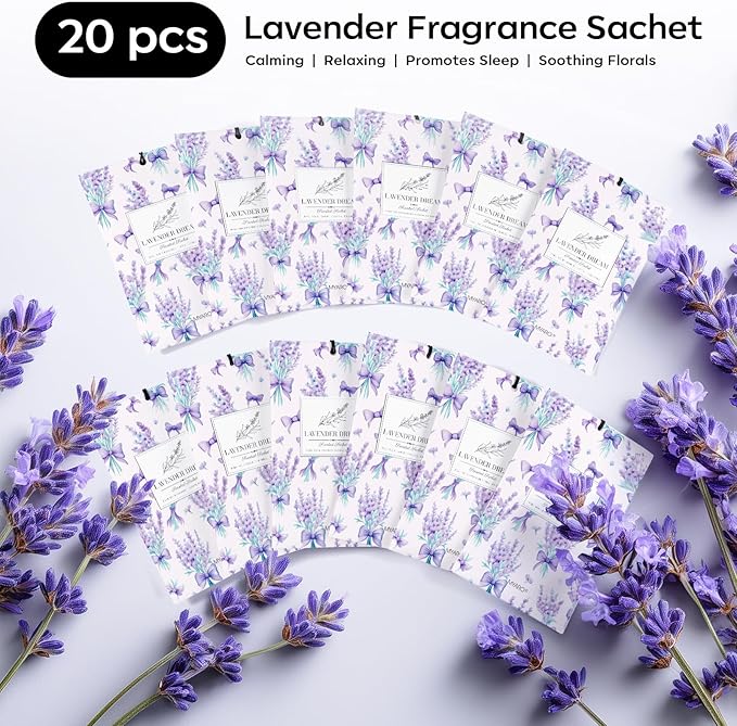 MYARO 20 Pack Lavender Scented Sachets - Drawer & Closet Air Freshener Bags, Natural Odor Eliminator for Car, Home, Bedroom, Office & Travel