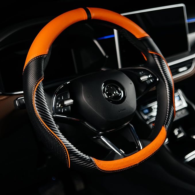 Lord Autofashion Steering Wheel Cover – PU Leather, Non-Slip Rubber Inner, All-Season Comfort – 14.5–15 Inch (Black/Orange 7685)