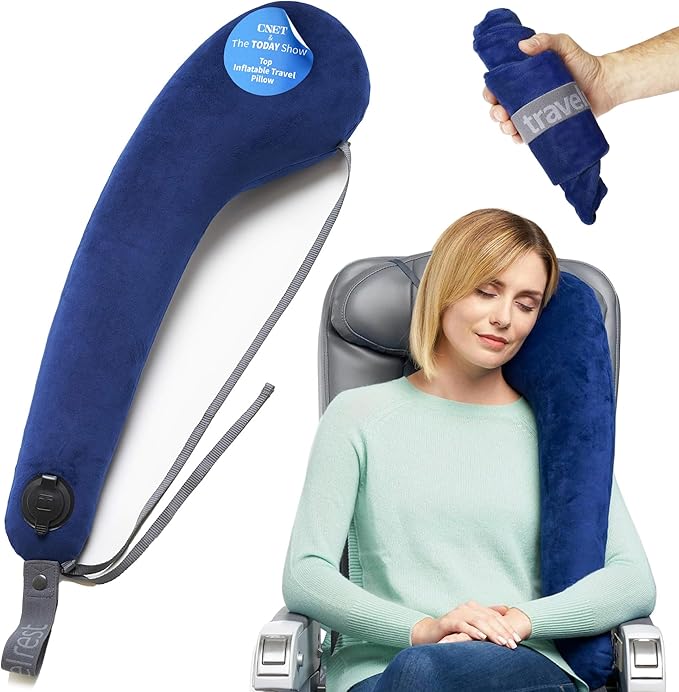 TRAVELREST All-in-One Travel Neck Support & Body Pillow - Airplane Pillow for Long Flight Comfort, Travel Essentials, Sleeping Accessories, Memory Foam, Headrest Support Seat for Car (Blue)