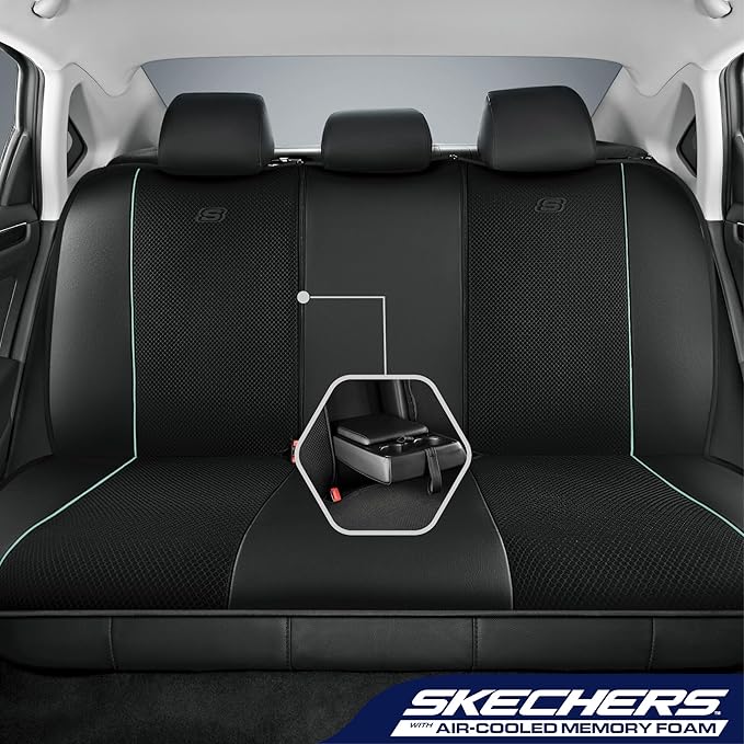 Skechers Air-Cooled Memory Foam Seat Cover,Mesh Thick Car Seat Covers,Piping Leather Car Seat Cover,Airbag Compatible,Automotive Comfort for Most Cars, Vans, Trucks, SUV(Mint,Full Set)