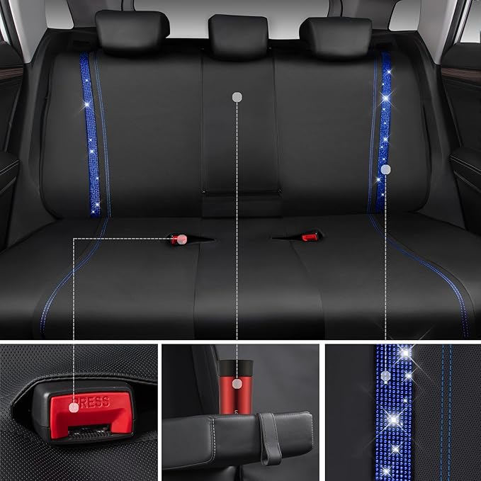 CAR PASS Bling Diamond Car Seat Covers Full Set, Shining Rhinestone Waterproof Faux Leather, Rear with Zipper, Universal Fit Automotive Glitter Crystal Sparkle Strips for Cute Women Girl, Blue