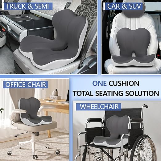Truck Seat Cushion and Headrest 2-in-1 Set for Truck Driver, Lumbar Support Car Cushions for Long Haul Driving, Memory Foam for Semi Truck & Big Rig, Ergonomic Relief for Back & Sciatic Pain