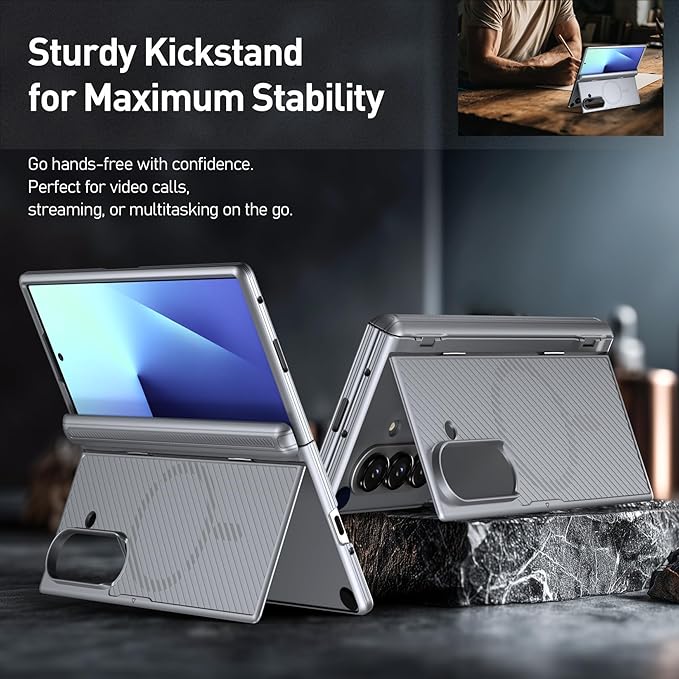 Poetic Revolution Flex Case for Galaxy Z Fold 7, [Foldable Kickstand][Hinge Protection][MagSafe Compatible], Full Body Galaxy Z Fold 7 Slim Cover with Built-in-Screen Protector, Silver Grey