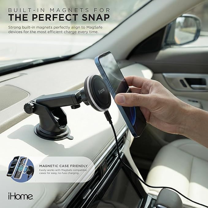 iHome Car Mount, Dashboard/Windshield/Vent Mount, Swivel Neck, Silicone Grip, Adjustable Mount Arm with Suction Cup Base (Magnetic Charging Car Mount)