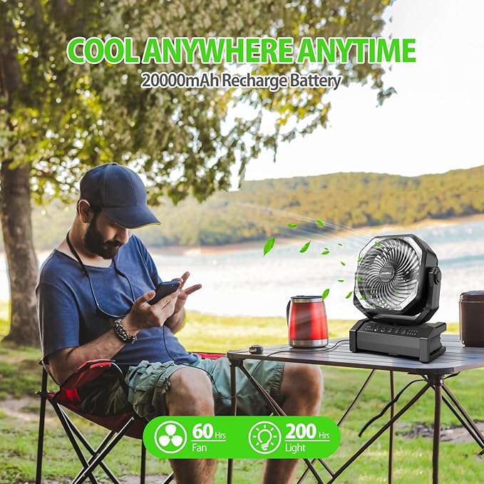 AddAcc 20000mAh Rechargeable Camping Fan - Battery Operated Fan with Light & Remote, Auto Oscillating, 4 Timer, 60 Hrs Work Cordless Tent Fan for Travel Outdoor RV Garage Power Outage Emergency