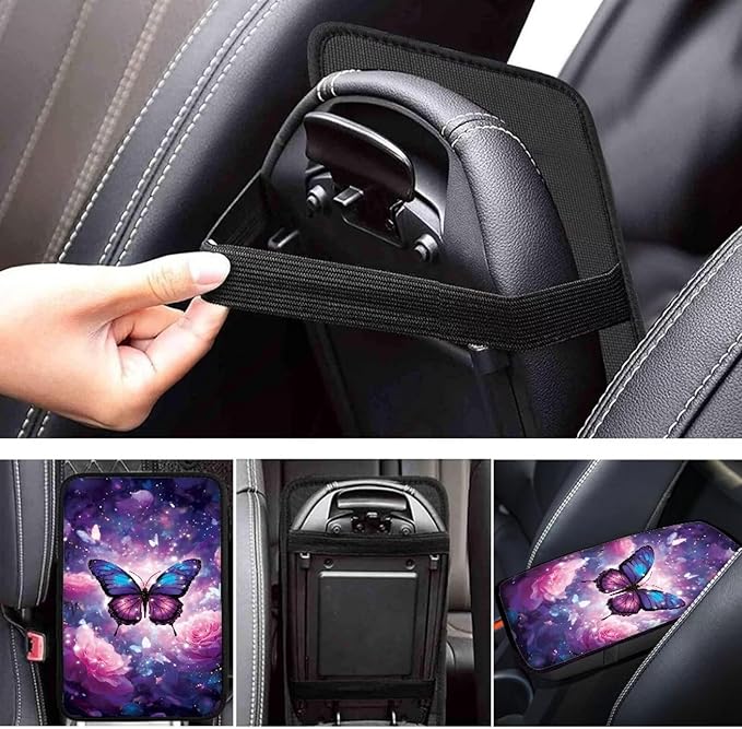 Suobstales Galaxy Butterfly Rose Flower Print Car Armrest Pad Soft Center Console Arm Rest Protector Cover Universal Car Interior Accessories Decoration