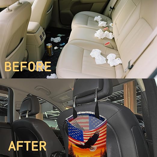 Bald Eagle on American Flag Car Trash Bag,Sunset Mountain Forest Hanging Drawstring Car Garbage Bag,Canvas Car Back Seat Organizer with Adjustable Buckle for Men and Women