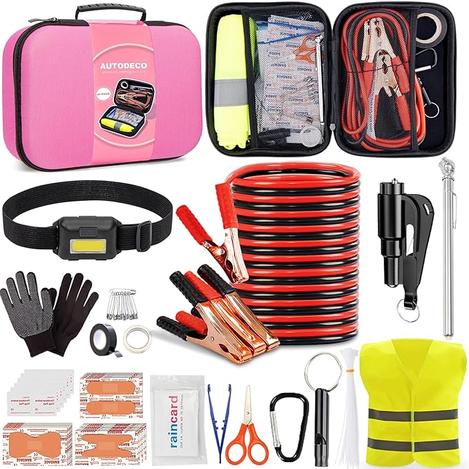 AUTODECO Car Roadside Emergency Kit, Car Safety Kit for Men Portable Car Kits for Emergency, Pink