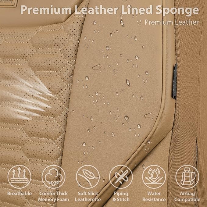 CAR PASS 3D Foam PU Leather Car Seat Covers Front Seats,Tan Faux Leather Front Seat Covers for Cars, Universal Fit for SUVs Trucks Vans Sedans Automotive, Armrest Airbag Compatible,Beige