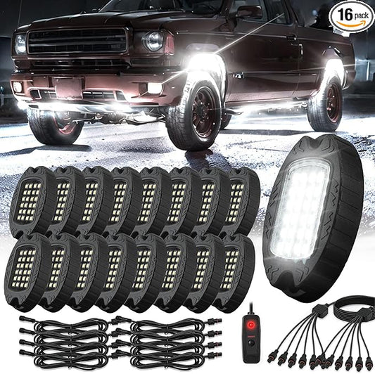 16 Pods Alloy Pure White LED Rock Lights for Semi Trucks Trailer Pickup Offroad, Plug and Play with Pre Wired Harness&Switch, 384-LEDs 6500K Aluminum Metal Underglow Kit 12V Waterproof Shockproof