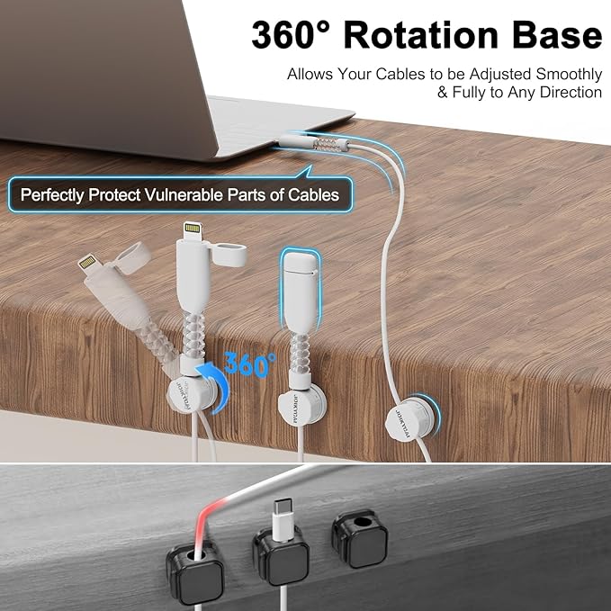 6 Magnetic Spring Cable Clips Desktop Cord Organizer Rotatable Cord Holder 2 Charging Cord Protecors for Nightstand Phone Charger Organizer Computer Desk Cable Management Appliance Adhesive Wire Strap