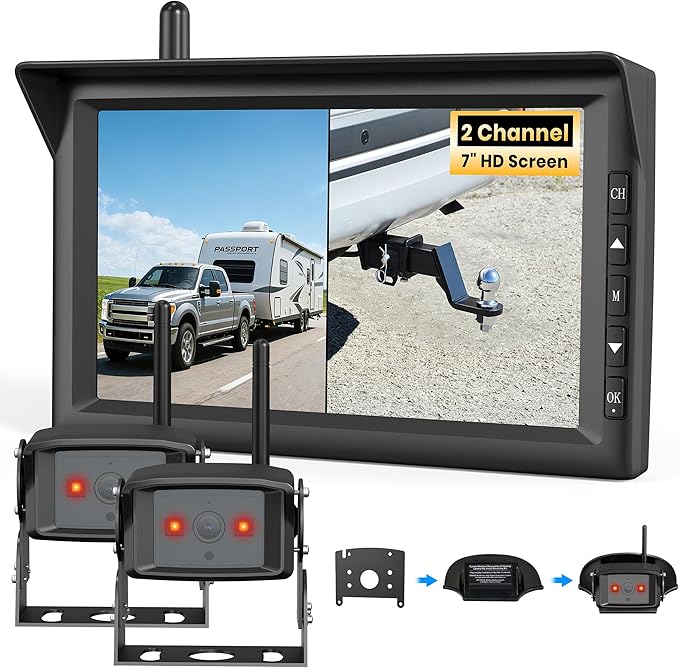 AUTO-VOX 7" Dual Wireless RV Backup Camera System: 2 Cams for Full Surround View, Plug & Play, 1080P HD Monitor, Night Vision & Wide Angle to Eliminate Blind Spots for Trailers, Campers, Motorhomes