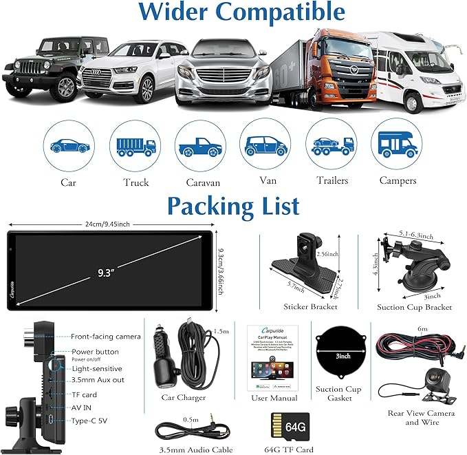 Carpuride W903 Wireless Carplay & Android Auto with Dash Cam - 9.3" HD IPS Touch Car Play Screen for Car, 4K Front & 1080P Rear Camera, Loop Recording, Bluetooth Audio, Mirror Link, GPS, Siri