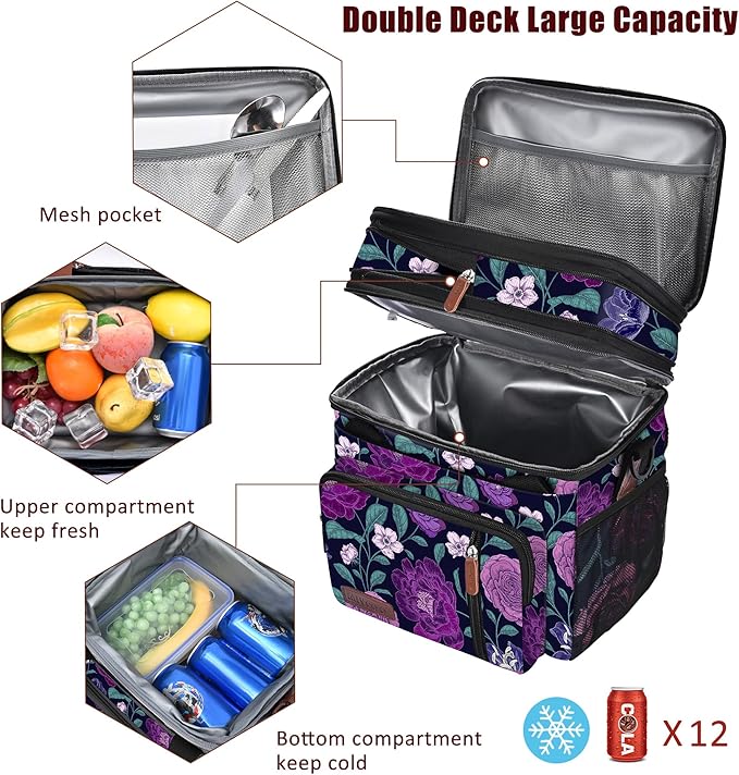 MIYCOO Lunch Bag & Lunch Box for Women Men, Double Deck Leakproof Insulated Soft Large Adult Camping Cooler bag for Work, Beach, Picnic, Travel (Purple Flower, 15L)