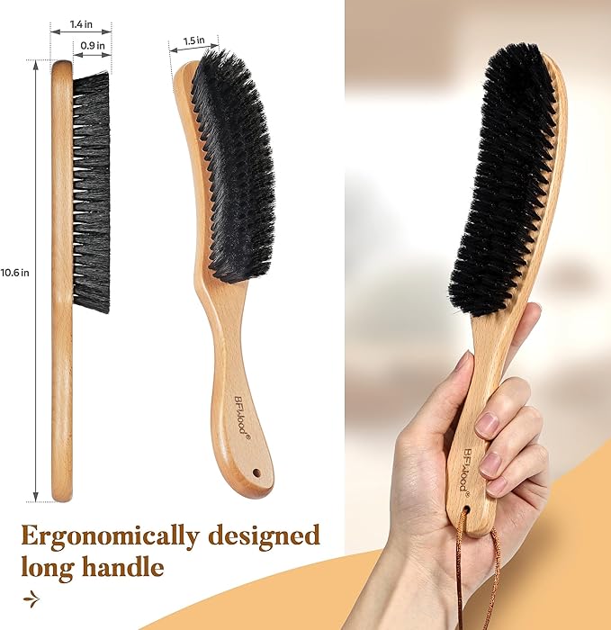 BFWood Clothes Brush, Boar Bristle Hat Brush Lint Brush for Suits, Cashmere, Wool, Velvet, Suede and Pet Hair, Large Beech Handle