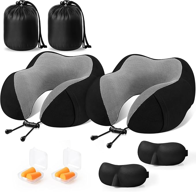 CloudBliss Travel Pillow Premium Memory Foam, Comfortable & Supportive Neck Pillow, Neck Pillows for Sleeping Travel, Airplane Pillow for Sleeping Airplane, Car, Office and Home（Black & Black）